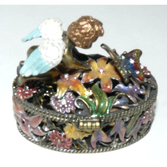 Angel Trinket Box Hand-Painted Floral Desgn Hinged Lid Blue Satin-Lined Gift Box - Picture 8 of 11